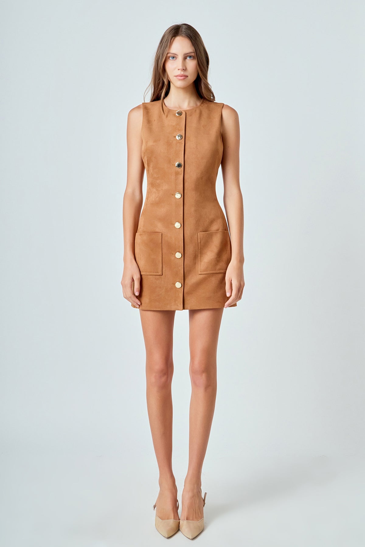 faux suede mini dress Round Neck Buttoned Easter2025 and perfect for your The Dress” Is Now STYLE:E08263004