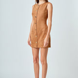 Faux Suede Round Neck Buttoned Mini Dress