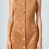 Faux Suede Round Neck Buttoned Mini Dress