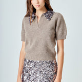 Sequin Accent Collar Knit Sweater Top