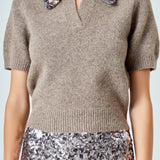 Sequin Accent Collar Knit Sweater Top