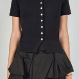 Jewel Buttoned Collared Color Block Top