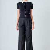 Jewel Buttoned Collared Color Block Top