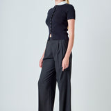 Jewel Buttoned Collared Color Block Top