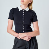 Jewel Buttoned Collared Color Block Top