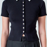 Jewel Buttoned Collared Color Block Top