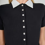 Jewel Buttoned Collared Color Block Top