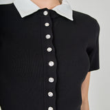 Jewel Buttoned Collared Color Block Top