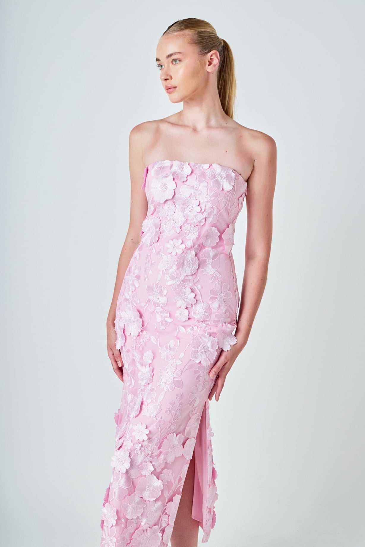 Strapless 3D Applique Midi Dress Strapless 3D Applique Midi Dress