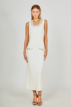 Boucle Knit Jewel Trim Midi Dress
