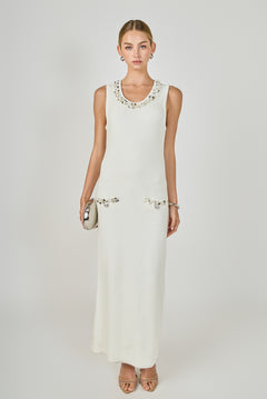 Boucle Knit Jewel Trim Midi Dress