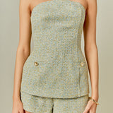 Tweed Gold Buttoned Strapless Long Top