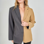 Tan and charcoal grey woven polyester blend straight-fit blazer featuring a half-pinstripe two-tone design, notch lapels, long sleeves, and center front button closures.