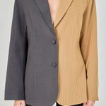 Tan and charcoal grey woven  straight-fit blazer featuring a half-pinstripe two-tone design, notch lapels, long sleeves, and center front button closures.