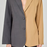Tan and charcoal grey woven  straight-fit blazer featuring a half-pinstripe two-tone design, notch lapels, long sleeves, and center front button closures.