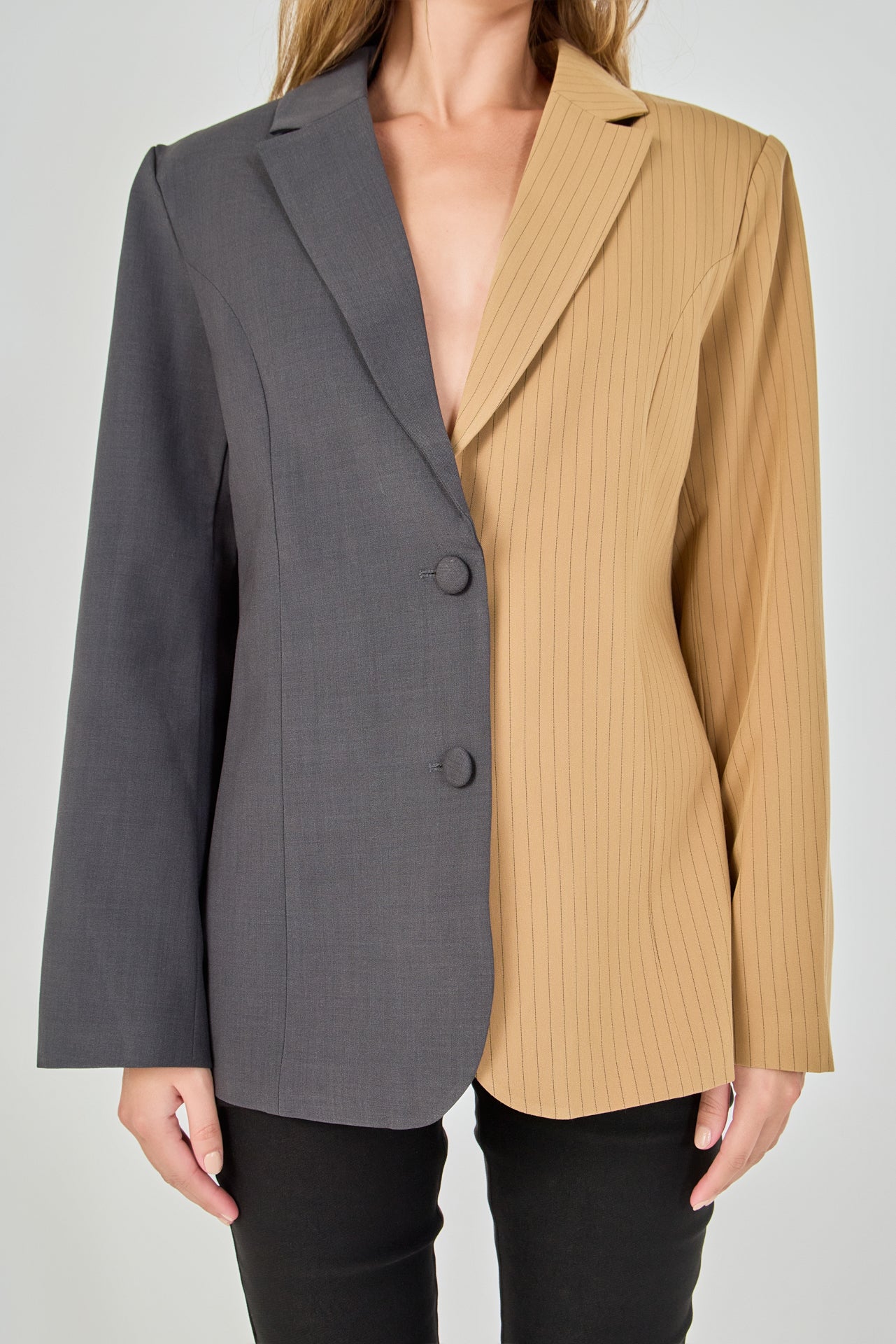 Tan and charcoal grey woven  straight-fit blazer featuring a half-pinstripe two-tone design, notch lapels, long sleeves, and center front button closures.