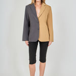 Tan and charcoal grey woven polyester blend straight-fit blazer featuring a half-pinstripe two-tone design, notch lapels, long sleeves, and center front button closures.