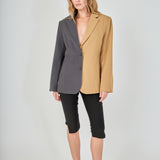 Tan and charcoal grey woven polyester blend straight-fit blazer featuring a half-pinstripe two-tone design, notch lapels, long sleeves, and center front button closures.
