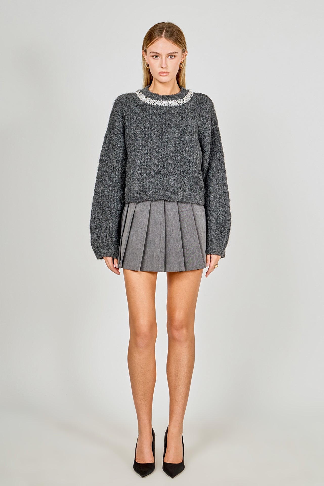 Jewel Embroidered Fuzzy Cable Knit Chunky Sweater