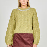Jewel Embroidered Fuzzy Cable Knit Chunky Sweater