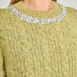 Jewel Embroidered Fuzzy Cable Knit Chunky Sweater