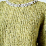 Jewel Embroidered Fuzzy Cable Knit Chunky Sweater