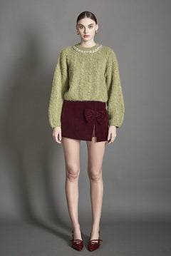 Jewel Embroidered Fuzzy Cable Knit Chunky Sweater