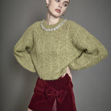 Jewel Embroidered Fuzzy Cable Knit Chunky Sweater