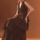 Crinkled Deep V Tiered Maxi Dress