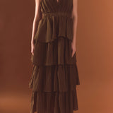 Crinkled Deep V Tiered Maxi Dress