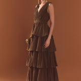 Crinkled Deep V Tiered Maxi Dress