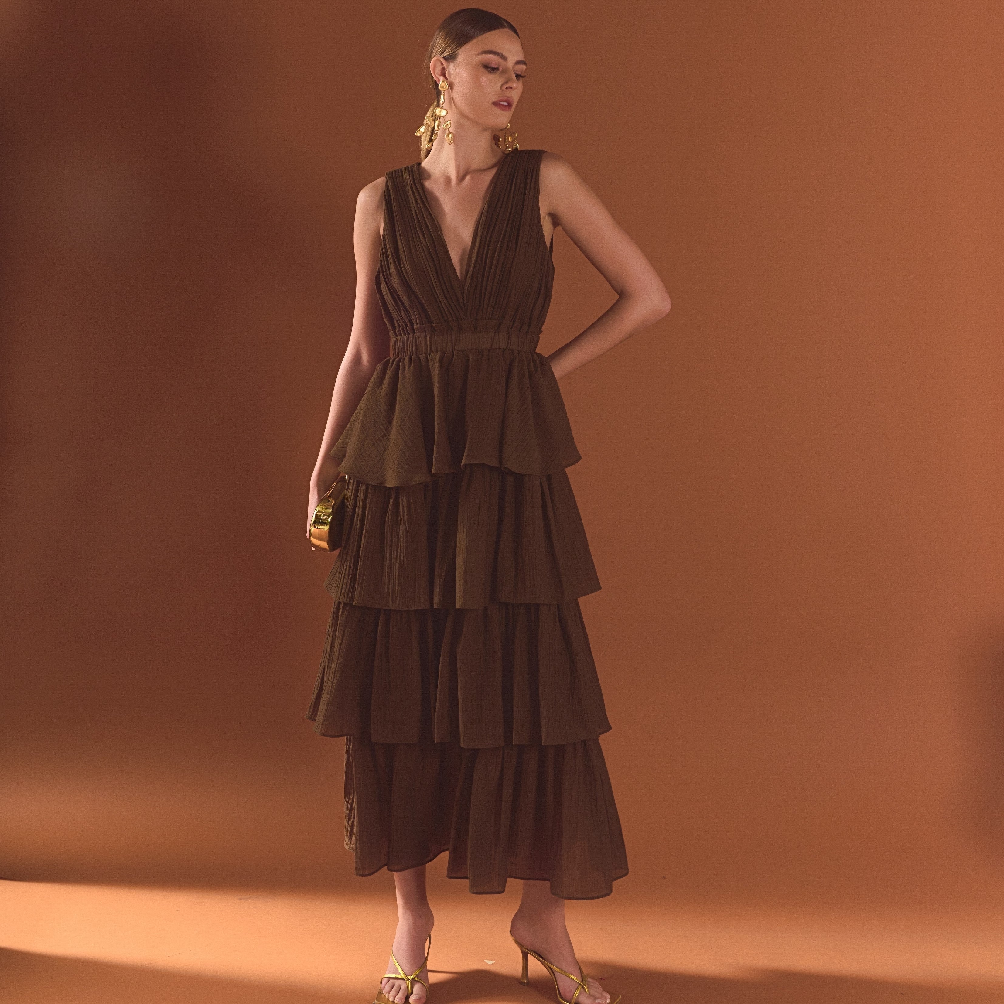 Crinkled Deep V Tiered Maxi Dress