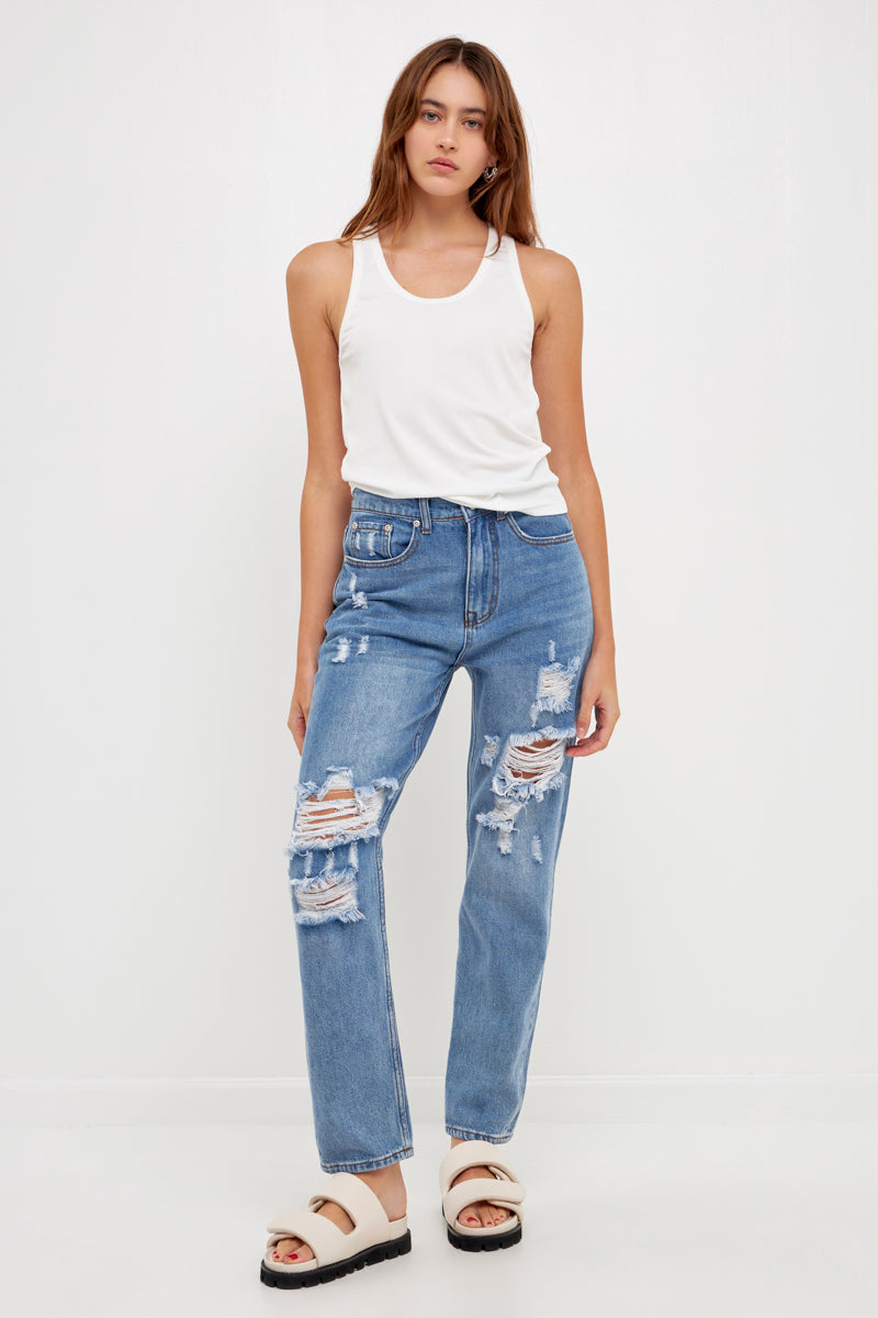 Distressed Straight Leg Jeans