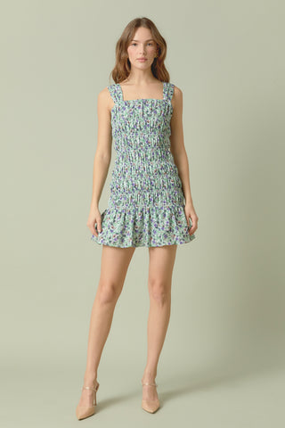 Floral Scooped Back Mini Ruffled Dress