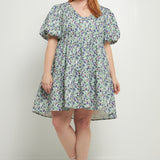 Floral Puff Sleeve Jacquard High Low Dress