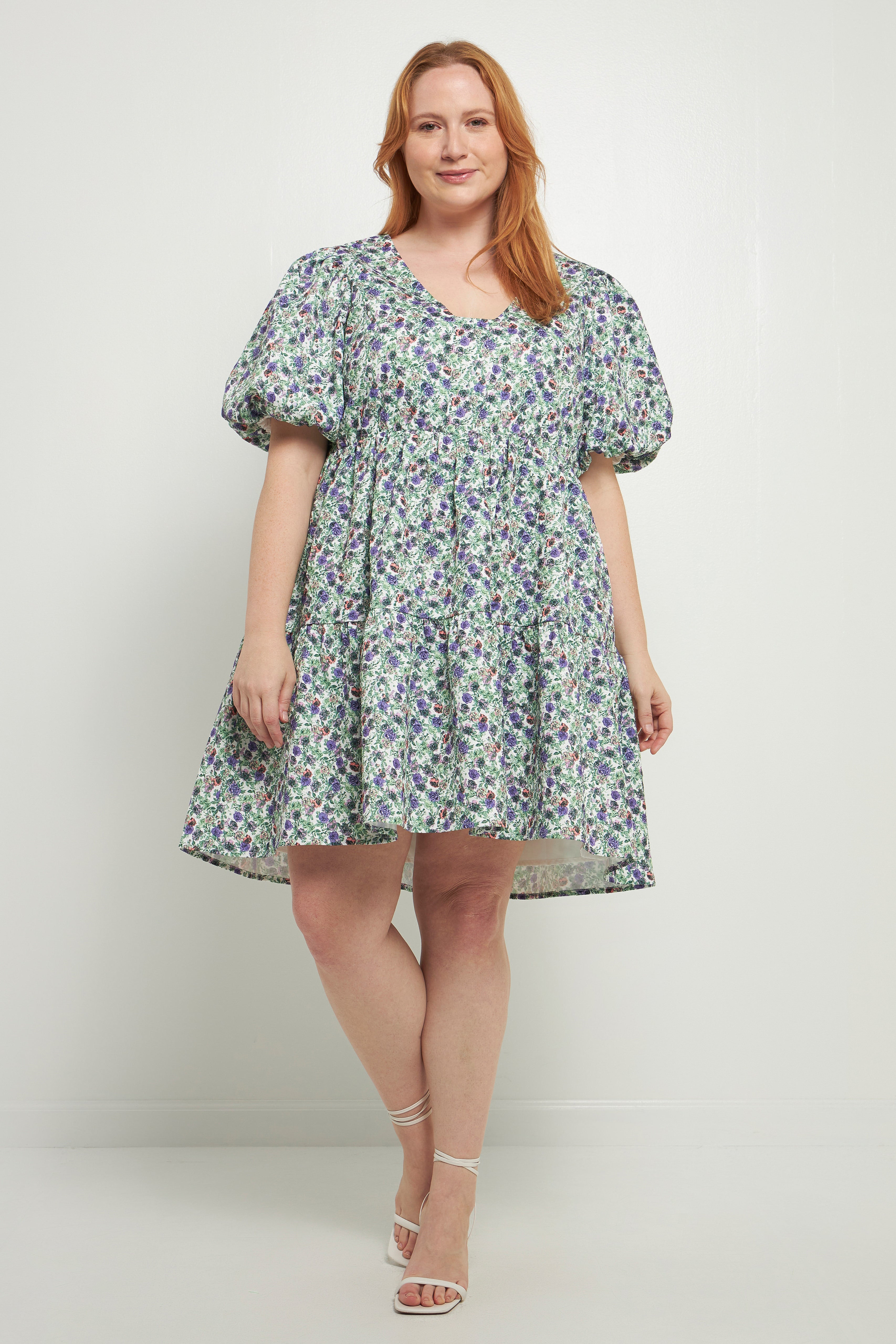 Floral Puff Sleeve Jacquard High Low Dress