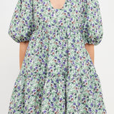 Floral Puff Sleeve Jacquard High Low Dress