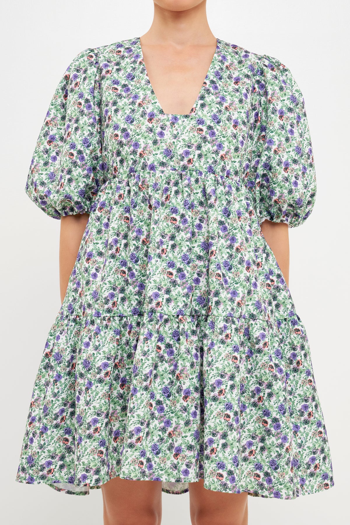 Floral Puff Sleeve Jacquard High Low Dress