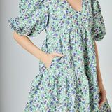 Floral Puff Sleeve Jacquard High Low Dress