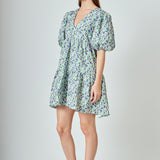 Floral Puff Sleeve Jacquard High Low Dress