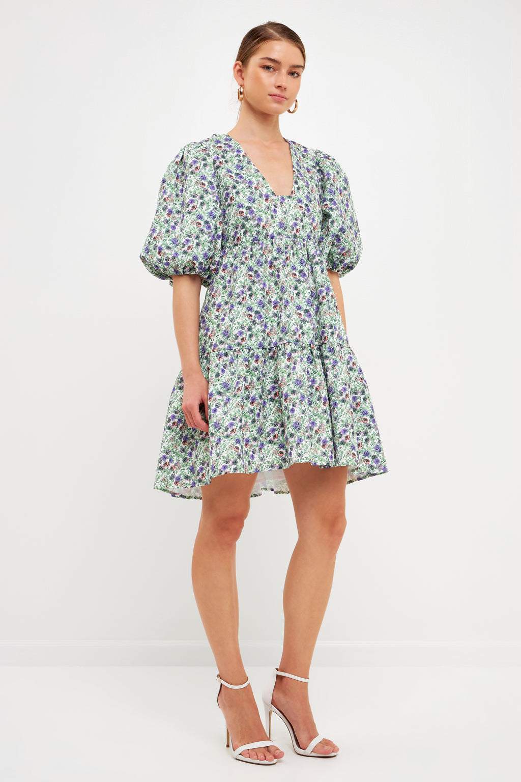 Floral Puff Sleeve Jacquard High Low Dress
