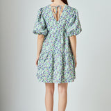 Floral Puff Sleeve Jacquard High Low Dress