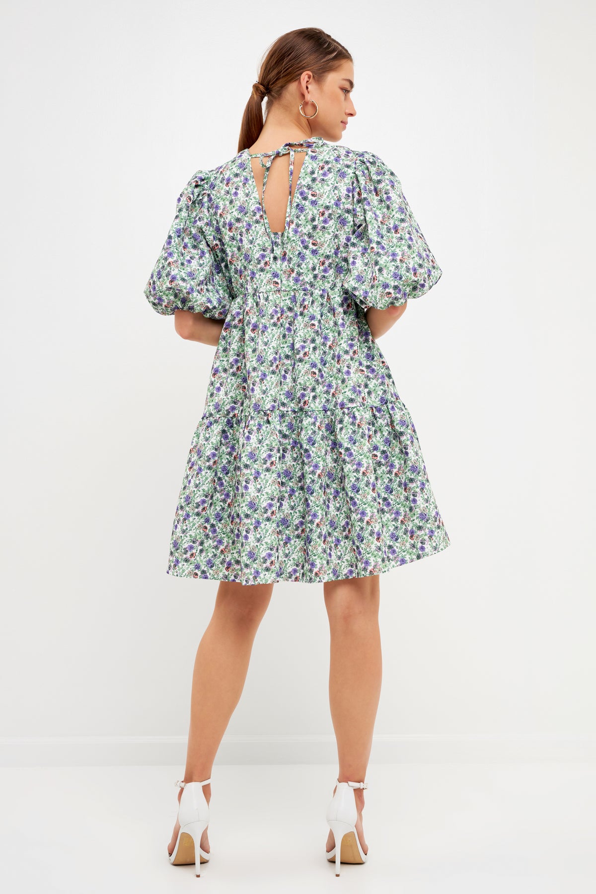 Floral Puff Sleeve Jacquard High Low Dress