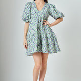 Floral Puff Sleeve Jacquard High Low Dress
