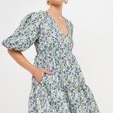 Floral Puff Sleeve Jacquard High Low Dress