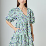 Floral Puff Sleeve Jacquard High Low Dress