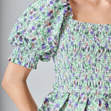Jacquard Floral Smocked Puff Sleeve Top