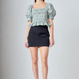 Jacquard Floral Smocked Puff Sleeve Top