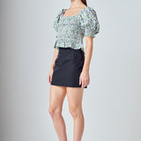 Jacquard Floral Smocked Puff Sleeve Top