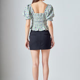 Jacquard Floral Smocked Puff Sleeve Top